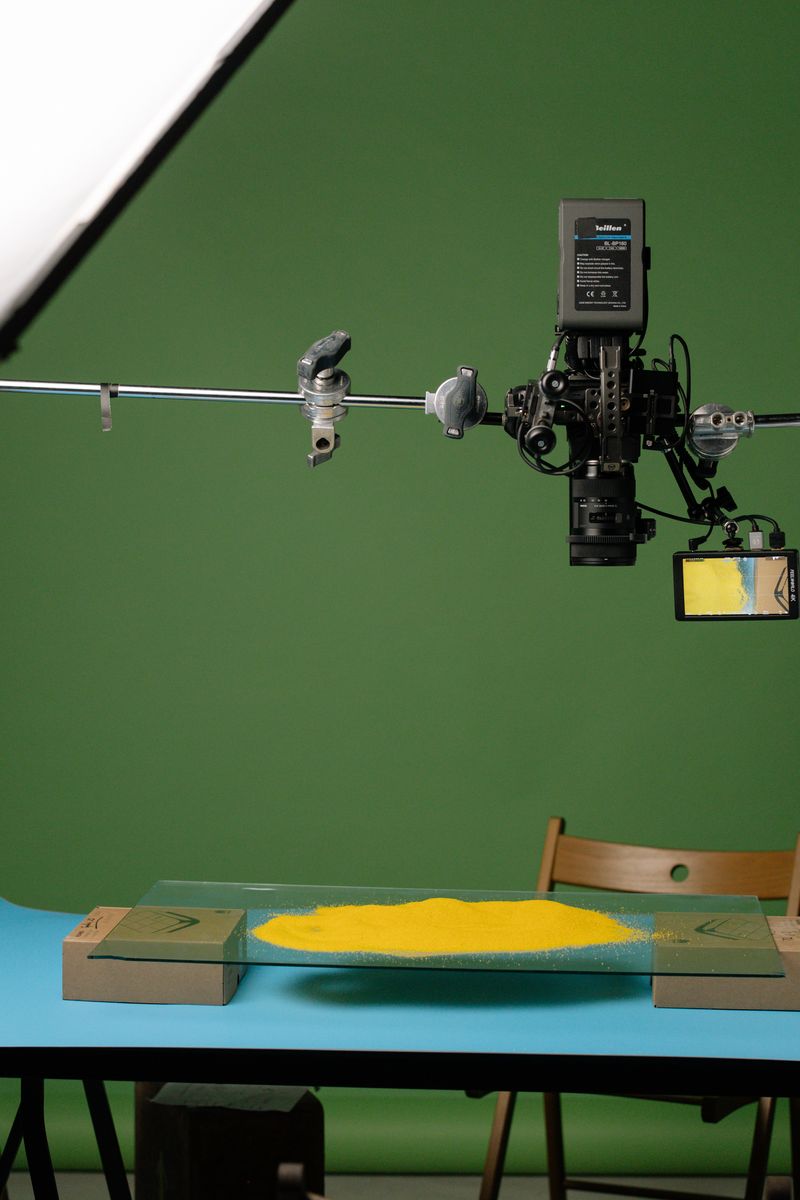 A detailed view of a professional photography studio setup, capturing products with precise lighting.
